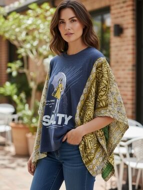 Upcycled Salty Tee With Kantha Sleeves, OS